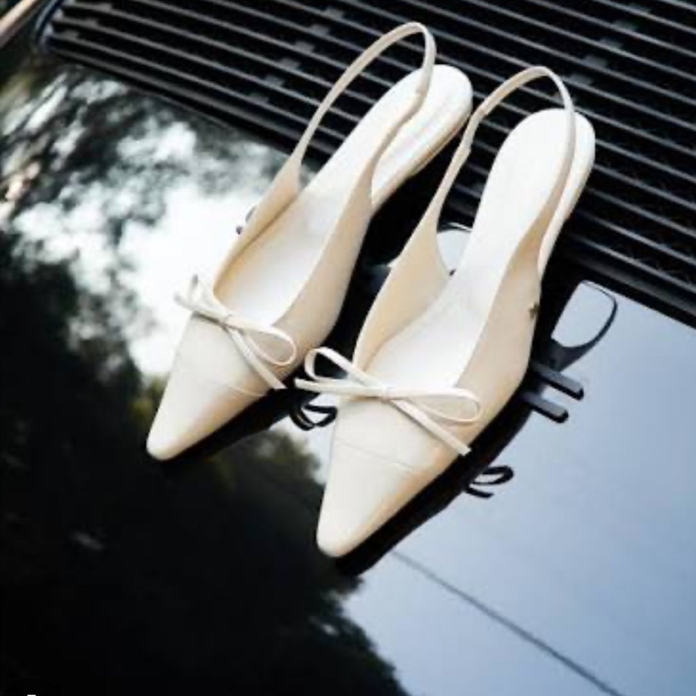 Anine Bing Zoey Slingback Heels in Bone Crinkled Patent